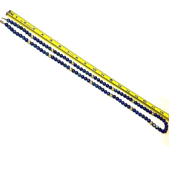 VINTAGE Lapis Lazuli 14k Gold Sculpted Beads & Clasp Hand Knotted Necklace - Picture 12 of 17